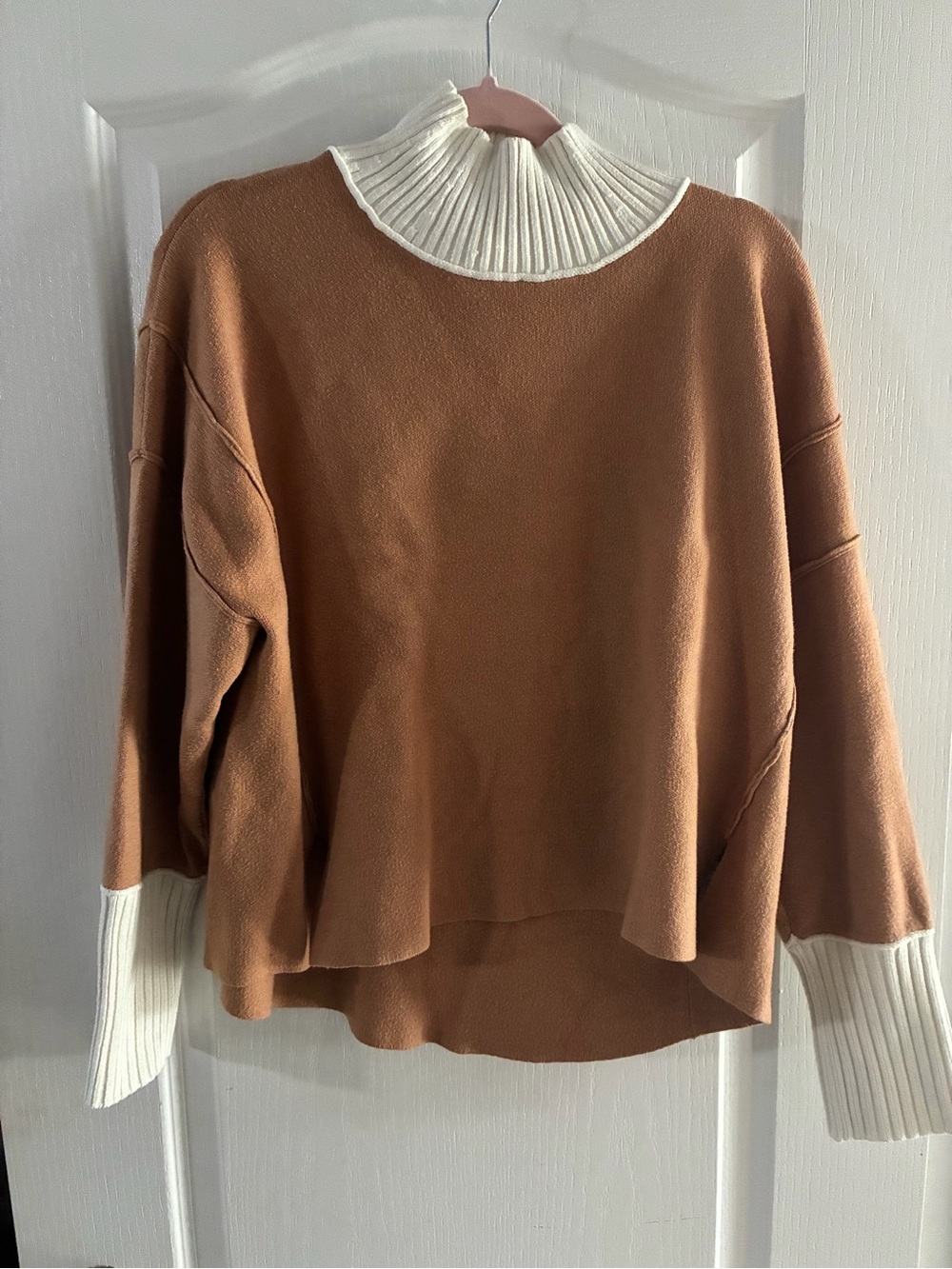 Maeve Anthropology Two-Tone Mock Neck Sweater - Camel and Cream